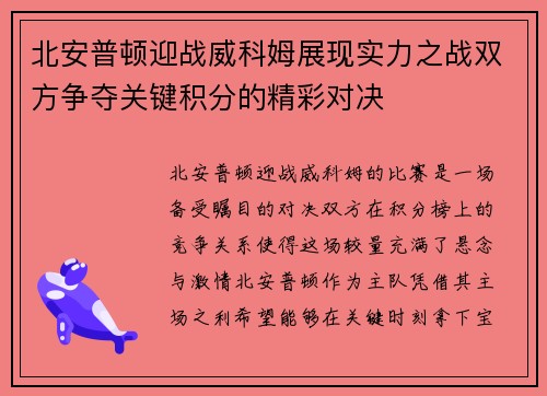北安普顿迎战威科姆展现实力之战双方争夺关键积分的精彩对决