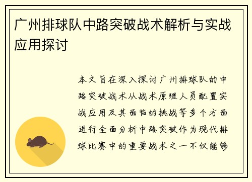广州排球队中路突破战术解析与实战应用探讨