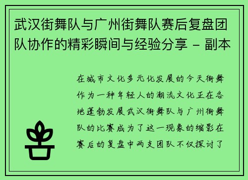 武汉街舞队与广州街舞队赛后复盘团队协作的精彩瞬间与经验分享 - 副本