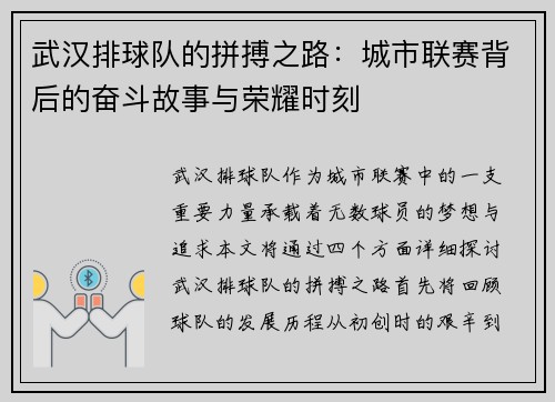 武汉排球队的拼搏之路：城市联赛背后的奋斗故事与荣耀时刻
