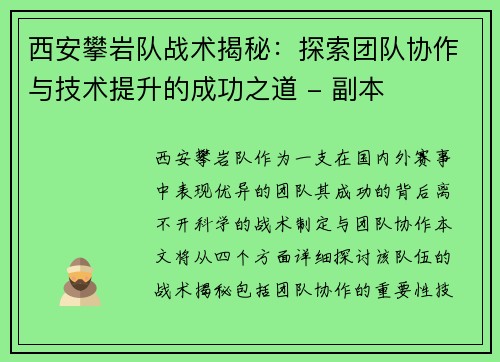 西安攀岩队战术揭秘：探索团队协作与技术提升的成功之道 - 副本