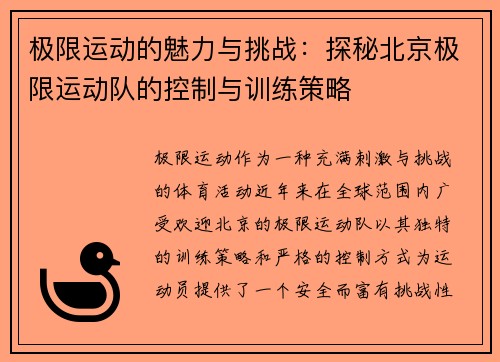 极限运动的魅力与挑战：探秘北京极限运动队的控制与训练策略